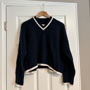 Abercrombie & Fitch Navy V-Neck Sweater with Cream Trim